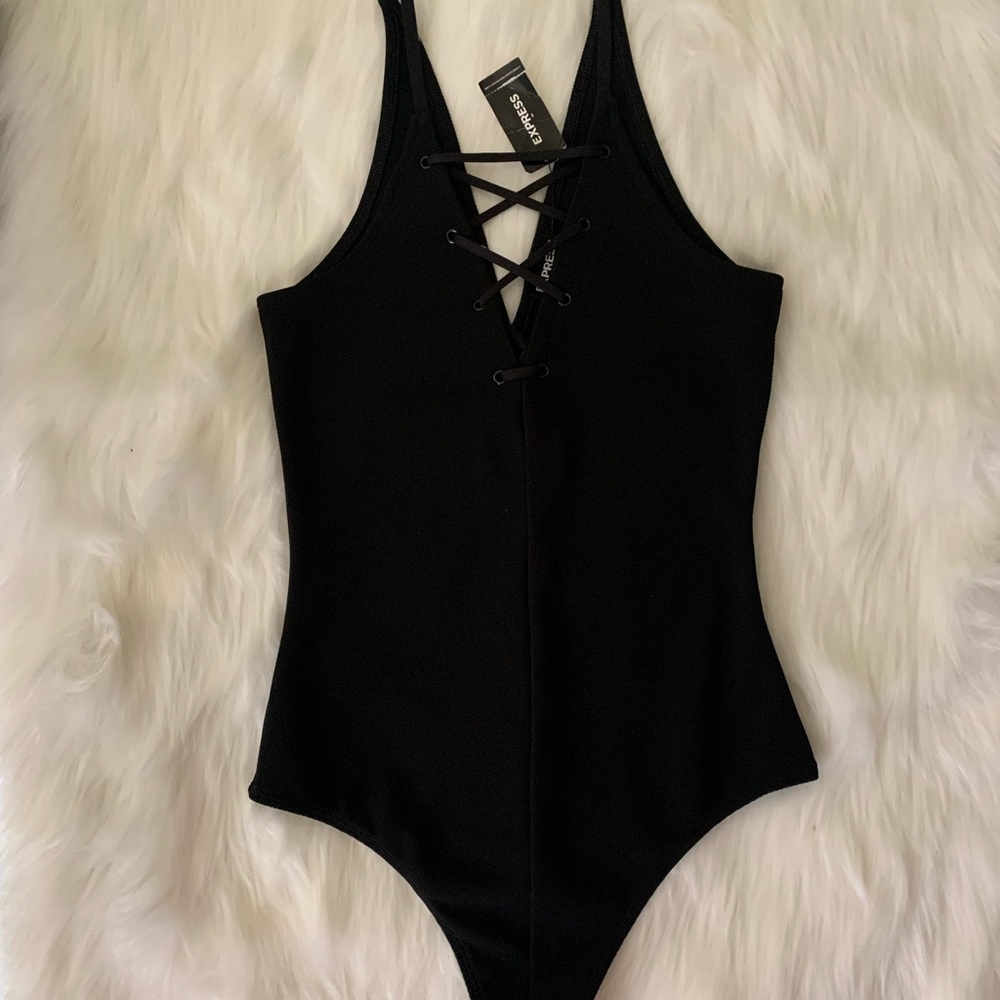 EXPRESS: Laced Up Ribbed Black Bodysuit